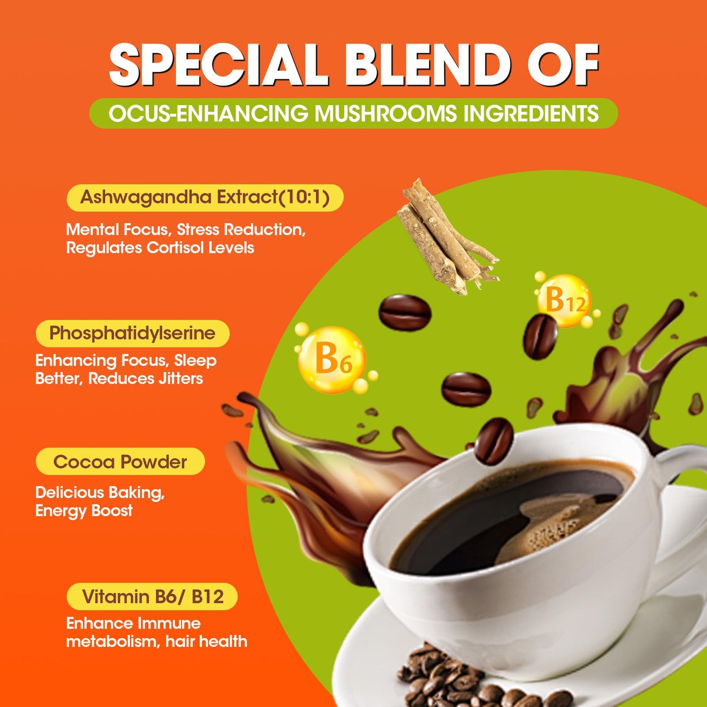 Mushroom Coffee, 10 Mushrooms Instant Coffee Powder - Lion's Mane, Reishi, Chaga, Cordyceps, Turkey Tail, Shiitake, Ashwagandha, Vitamin B12 / B6, Arabica Coffe for Immune Boost, Focus & Gut Health