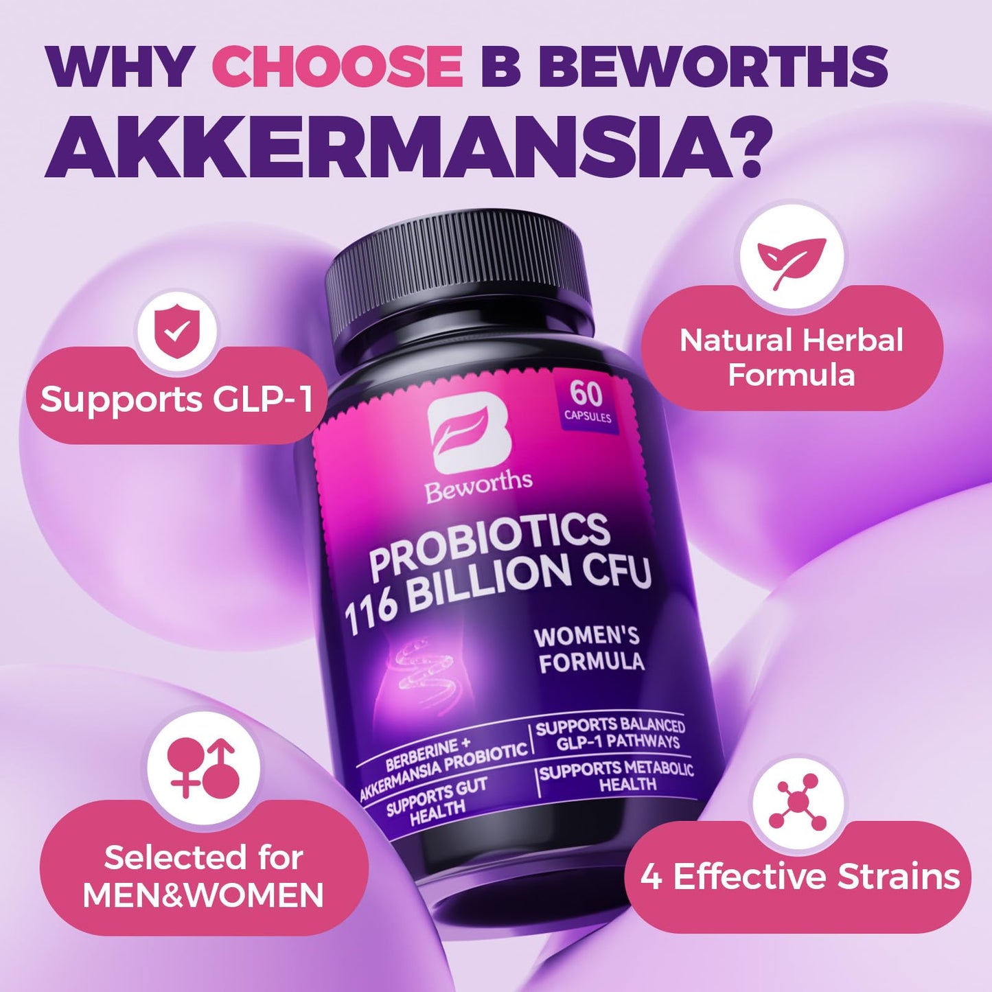 GLP-1 Supplement - Akkermansia Probiotics with Berberine for Women & Men, for GLP-1 Production, Digestive, Gut, Immune Health, Enhances Gut Digestive Lining Function, 120 Capsules