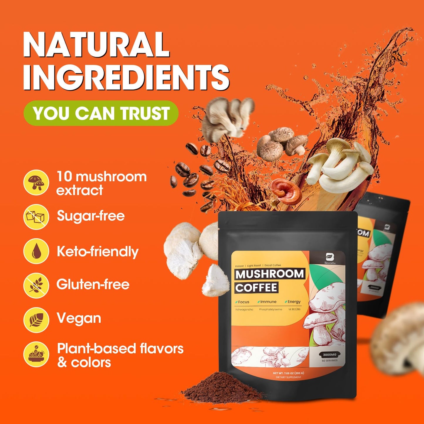 Mushroom Coffee, 10 Mushrooms Instant Coffee Powder - Lion's Mane, Reishi, Chaga, Cordyceps, Turkey Tail, Shiitake, Ashwagandha, Vitamin B12 / B6, Arabica Coffe for Immune Boost, Focus & Gut Health