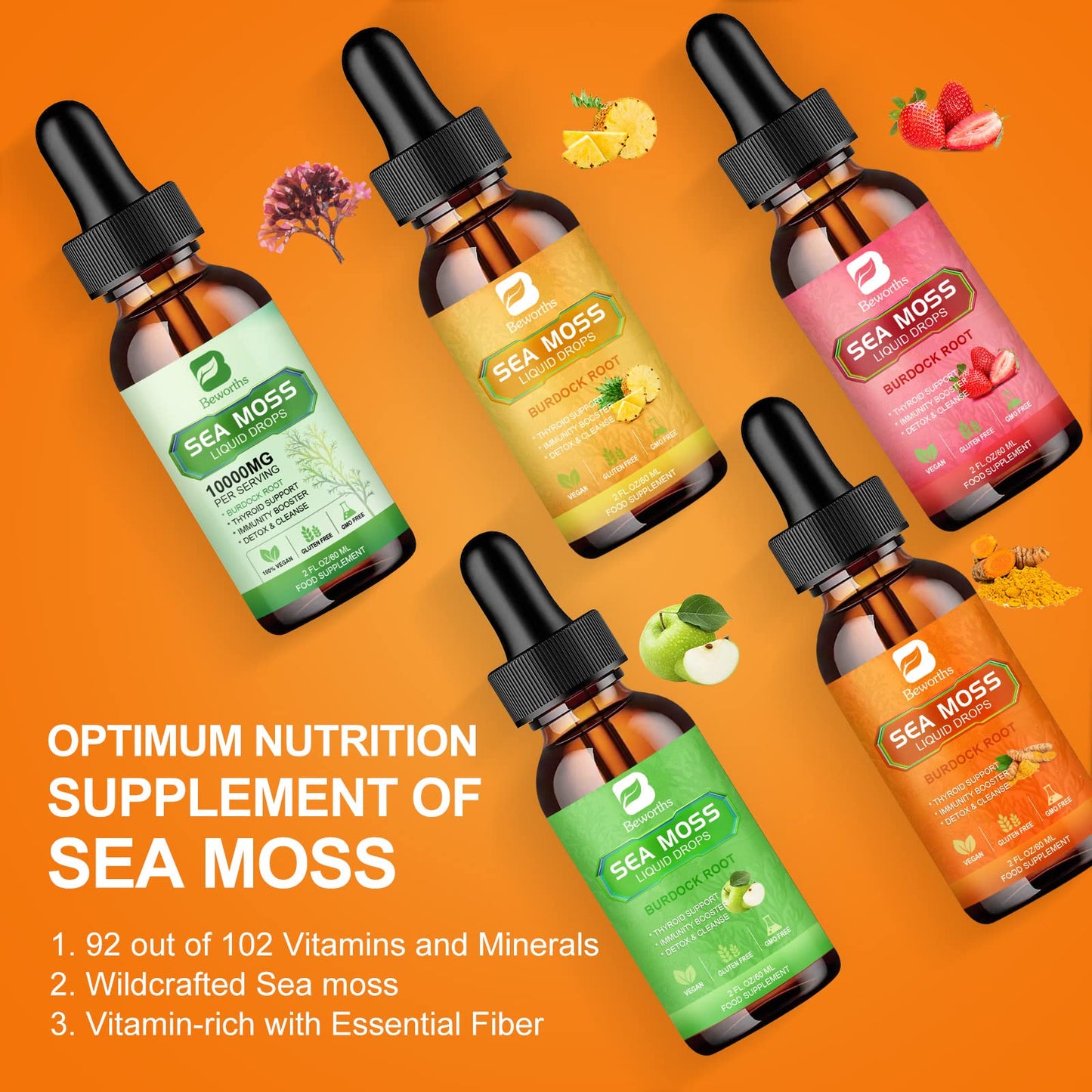 Beworths Turmeric Organic Irish Sea Moss Liquid Drops Blended Vitamin & Mineral Supplements