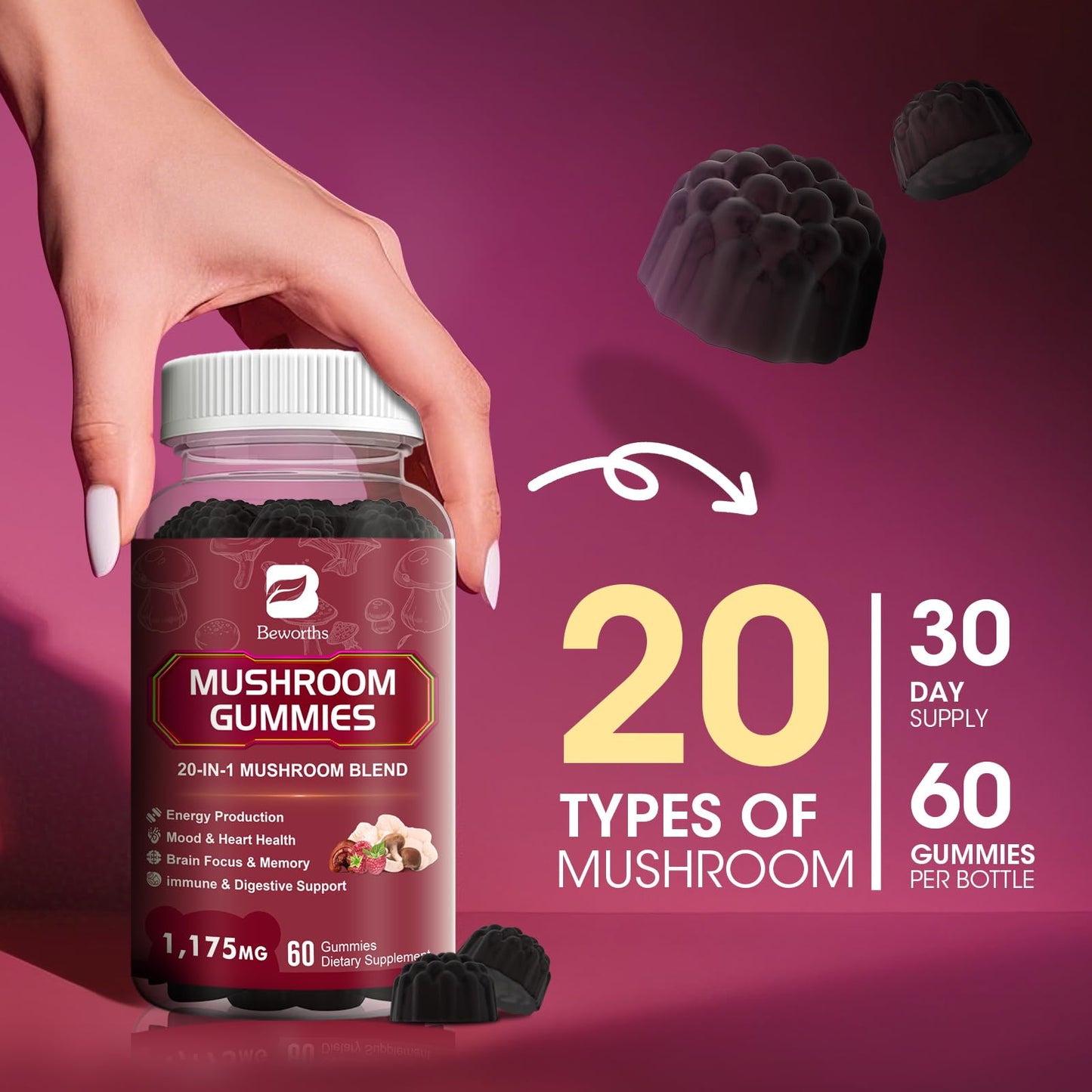 Super Mushroom Complex Gummies, 20-IN-1 Lion's Mane Supplement Gummies - Mushroom Supplement with Cordyceps, Reishi etc, Support for Brain Health, Focus & Clarity, Non-GMO,Raspberry Flavor,60 Gummies