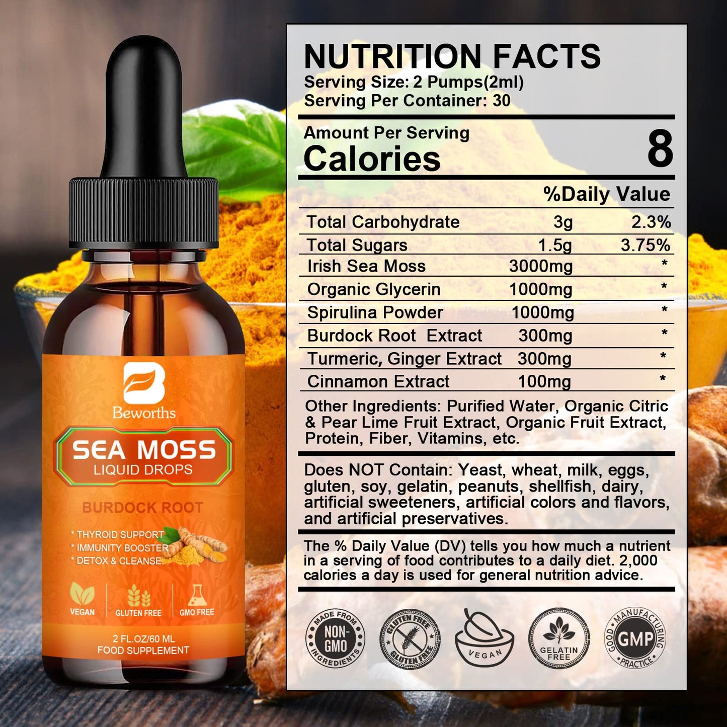 Beworths Turmeric Organic Irish Sea Moss Liquid Drops Blended Vitamin & Mineral Supplements