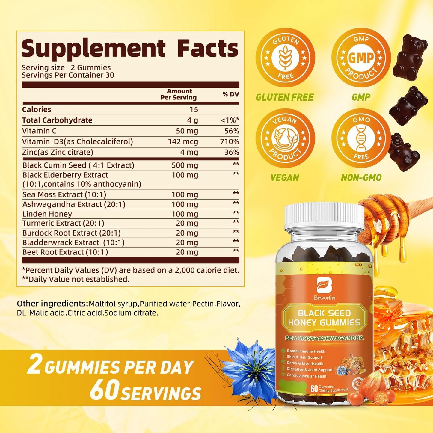 (2 Pack) Black Seed Oil Sea Moss Gummies with Ashwagandha, Burdock Root, Linden Honey, Elderberry, Turmeric, Vitamin C, D3 & Zinc - Supports Immunity, Joints, Digestion, Hair & Skin, Vegan Gummies 120