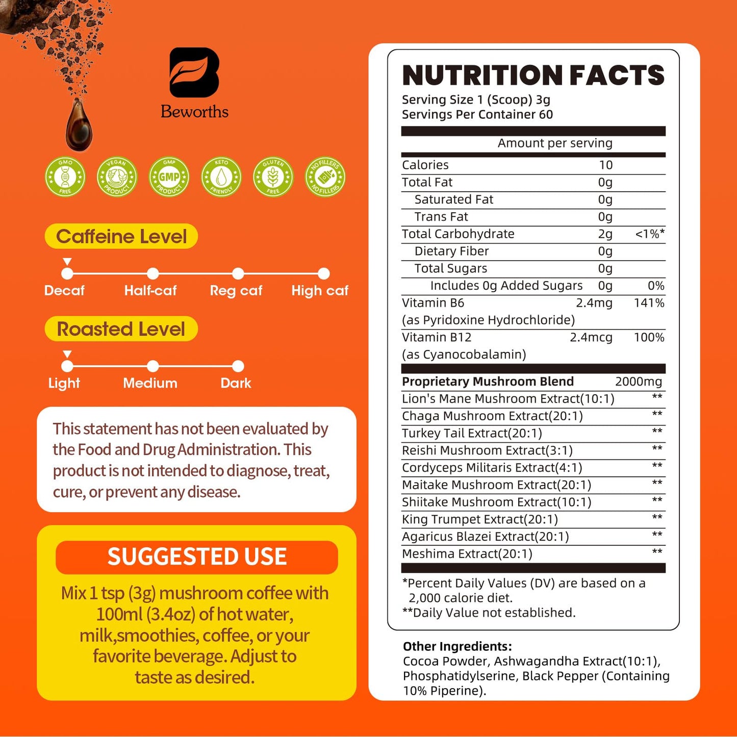 Mushroom Coffee, 10 Mushrooms Instant Coffee Powder - Lion's Mane, Reishi, Chaga, Cordyceps, Turkey Tail, Shiitake, Ashwagandha, Vitamin B12 / B6, Arabica Coffe for Immune Boost, Focus & Gut Health