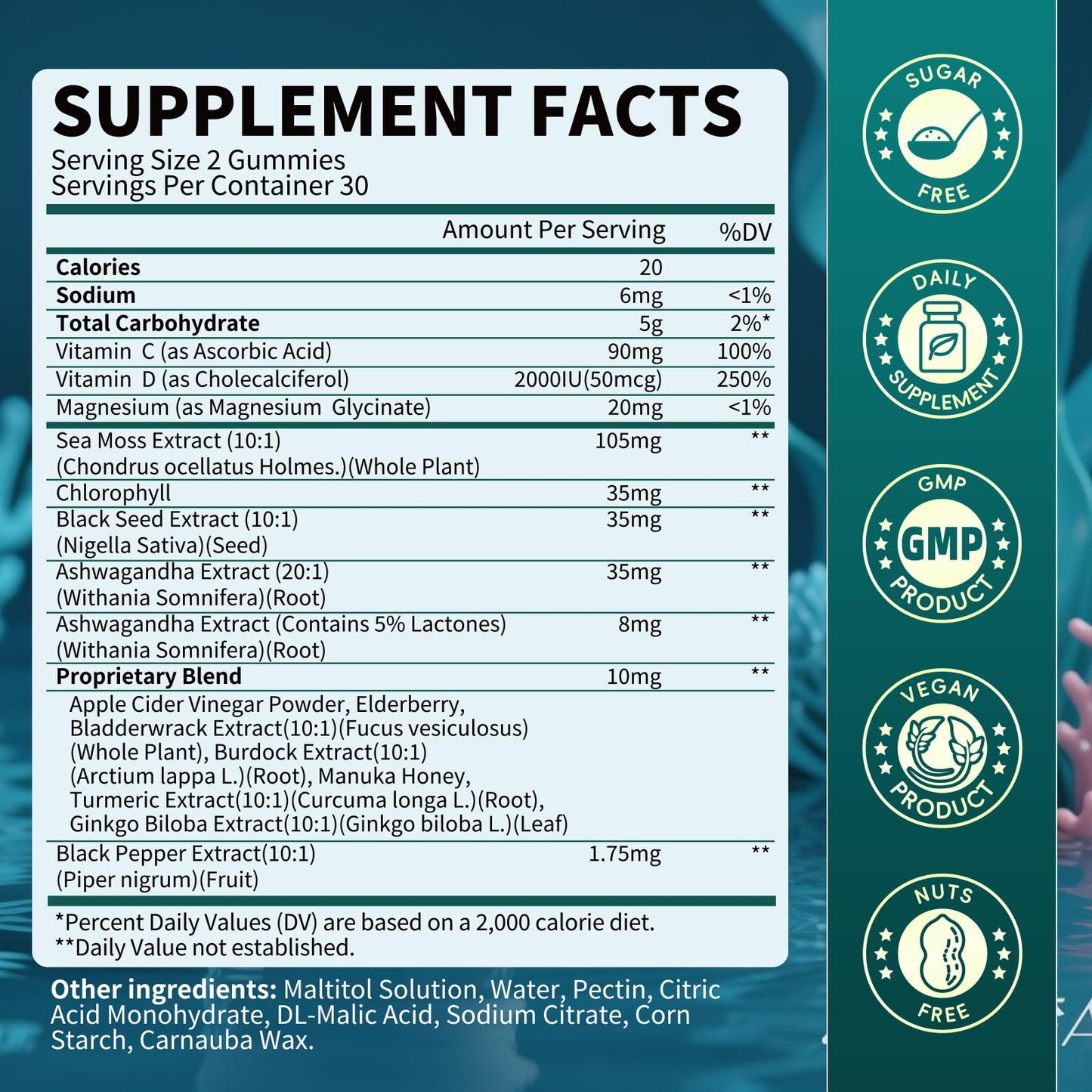 Sea Moss Black Seed Oil Ashwagandha Gummies, Irish Sea Moss Multimineral Supplement with Turmeric, Magnesium, Chlorophyll, Elderberry, Manuka Honey for Immune & Detox Support - 120 |Vegan