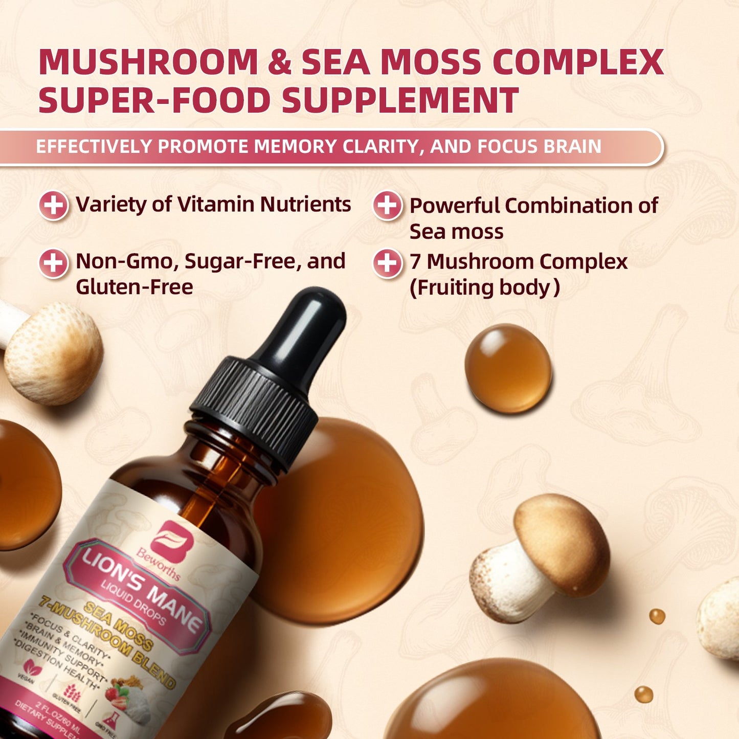Lion's Mane Mushroom Liquid Drops - Irish Sea Moss Mushrooms Supplement Complex Support Memory & Focus, Immunity Boost - Lions Mane, Turkey Tail, Reishi, Cordyceps, Chaga, Oyster, Maitake