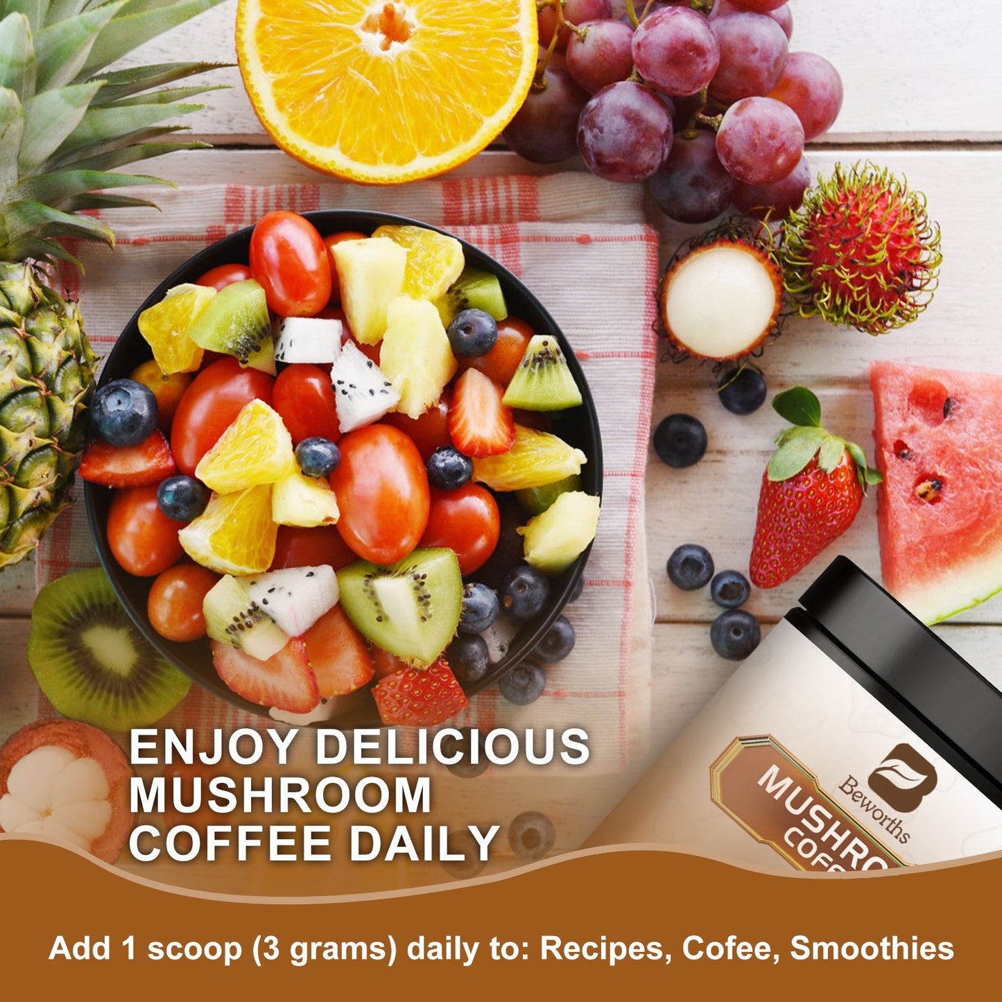 Kopi Jamur BBeworths Alternatif untuk Energi, Kejernihan Mental & Fokus, Penguat Otak 70g