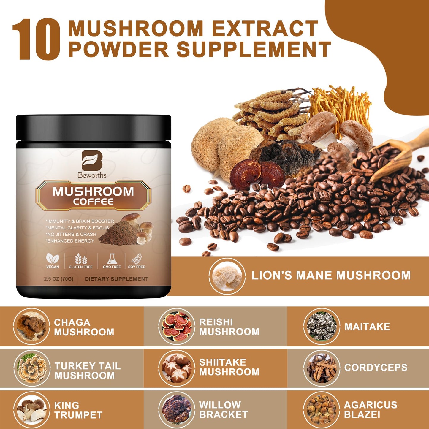 Kopi Jamur BBeworths Alternatif untuk Energi, Kejernihan Mental & Fokus, Penguat Otak 70g