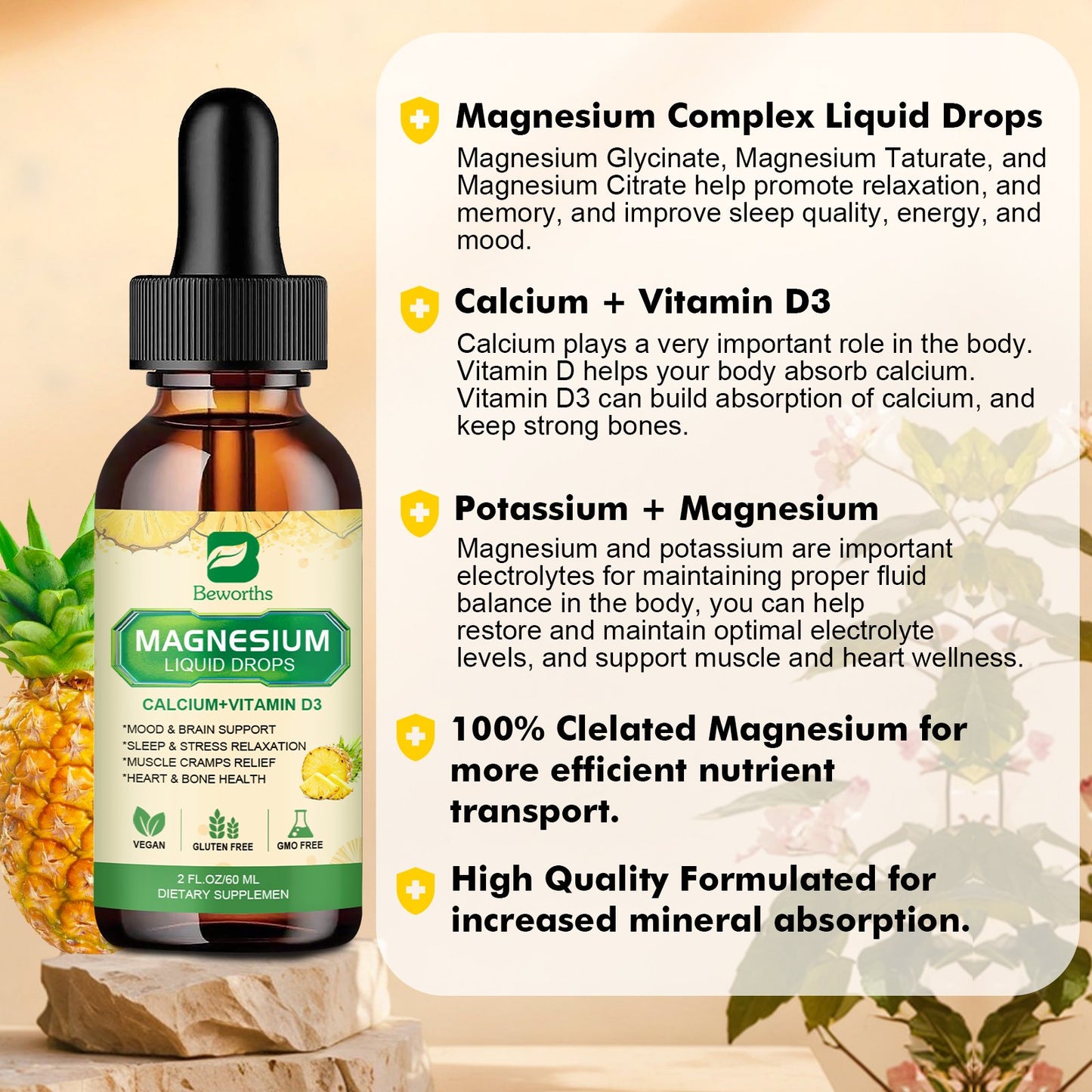 Beworths Magnesium Liquid Drop Pineapple Flavor