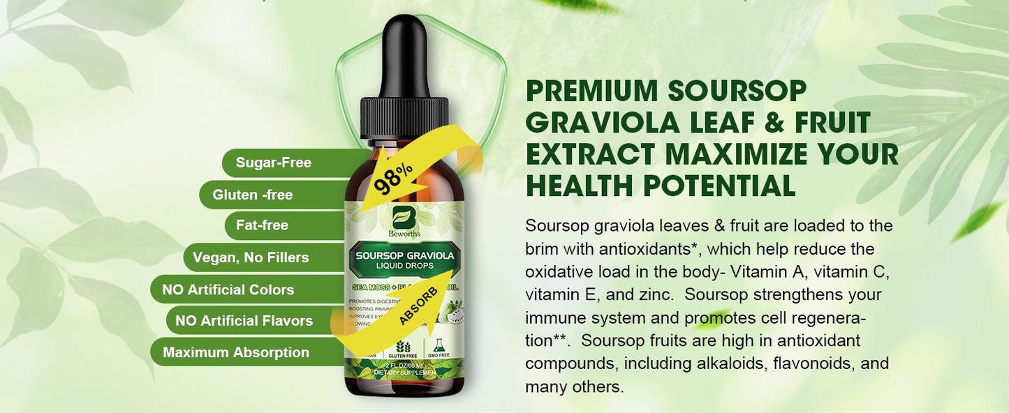 Soursop Graviola Leaf Extract Black Seed oil Liquid Drops Supplement with Sea Moss