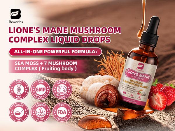 Lion's Mane Mushroom Liquid Drops - Irish Sea Moss Mushrooms Supplement Complex Support Memory & Focus, Immunity Boost - Lions Mane, Turkey Tail, Reishi, Cordyceps, Chaga, Oyster, Maitake