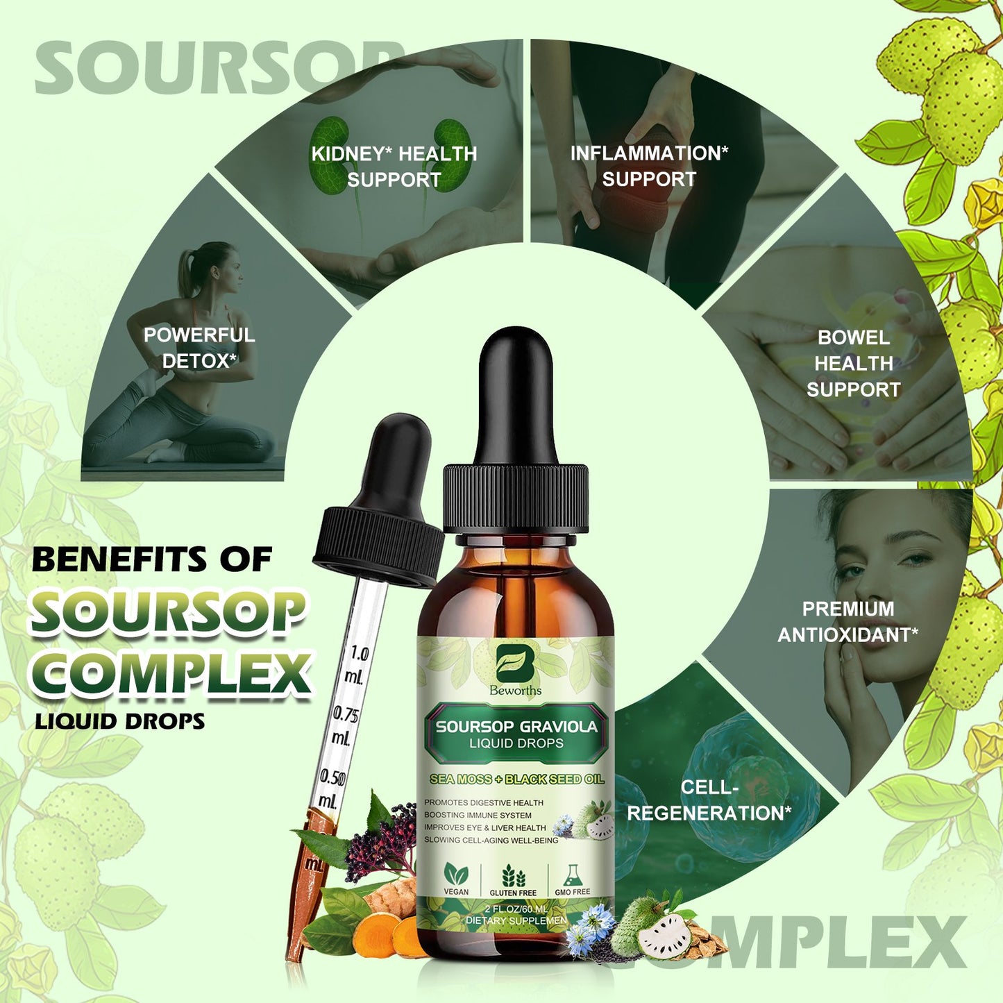 Soursop Graviola Leaf Extract Black Seed oil Liquid Drops Supplement with Sea Moss