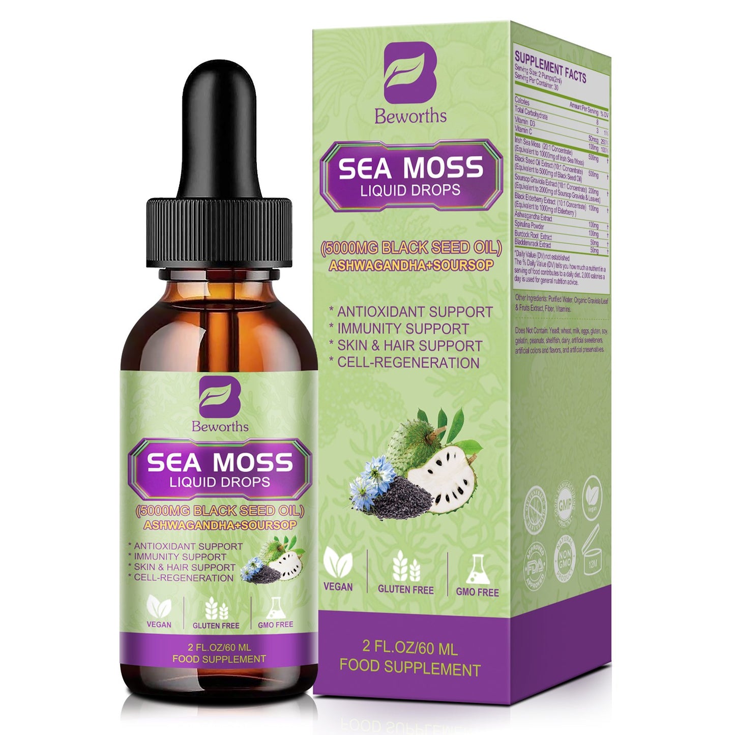Beworths Black Seed Oil & Irish Sea Moss Gel with Soursop Bitters Liquid Drop Supplement