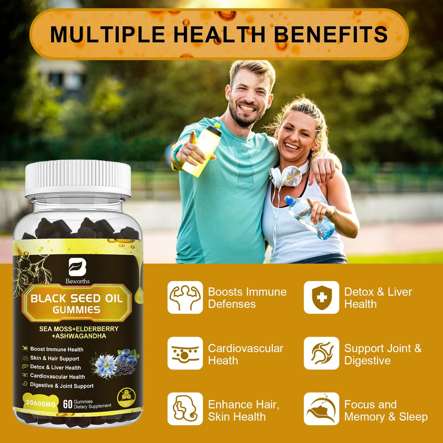 Black Seed Organic Irish Sea Moss Gummies with Ashwagandha Extract, Elderberry, Turmeric, Vitamin C Vitamin D3