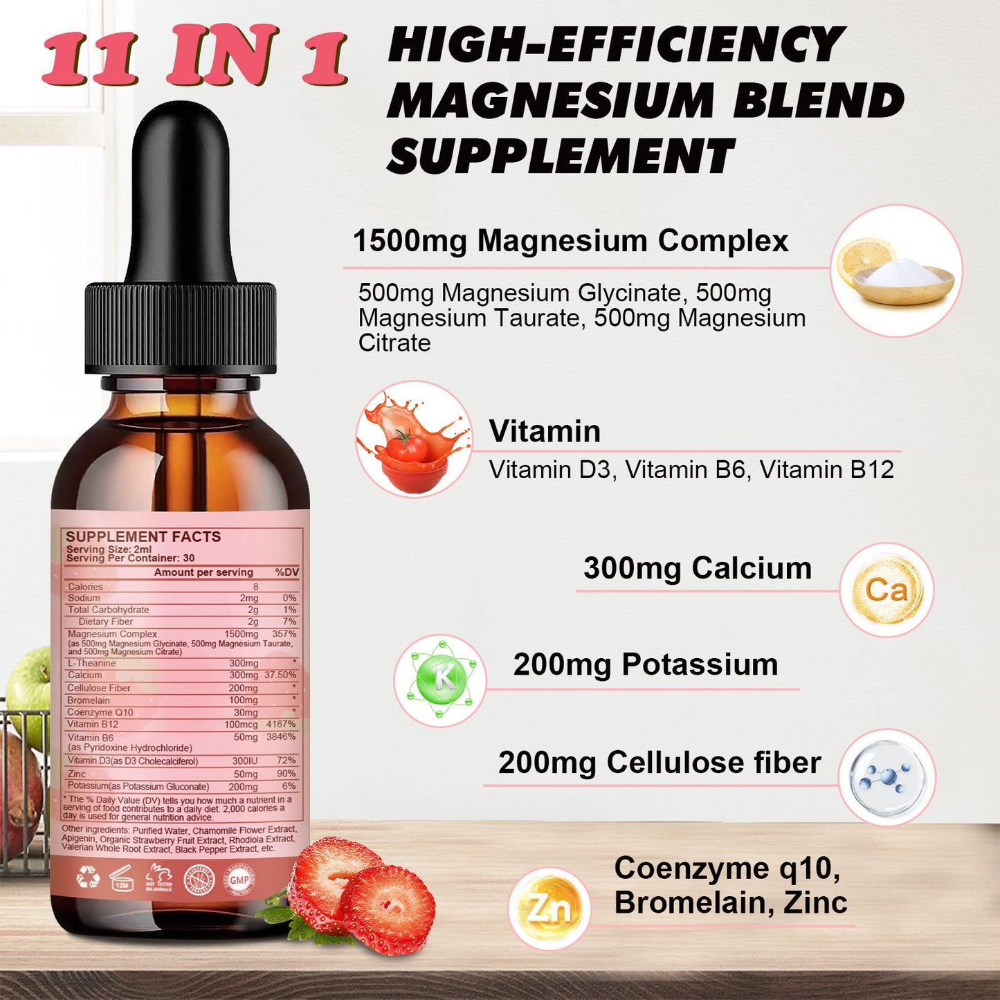 Magnesium Glycinate Supplement Complex Vitamin Liquid Drop Strawberry Flavor