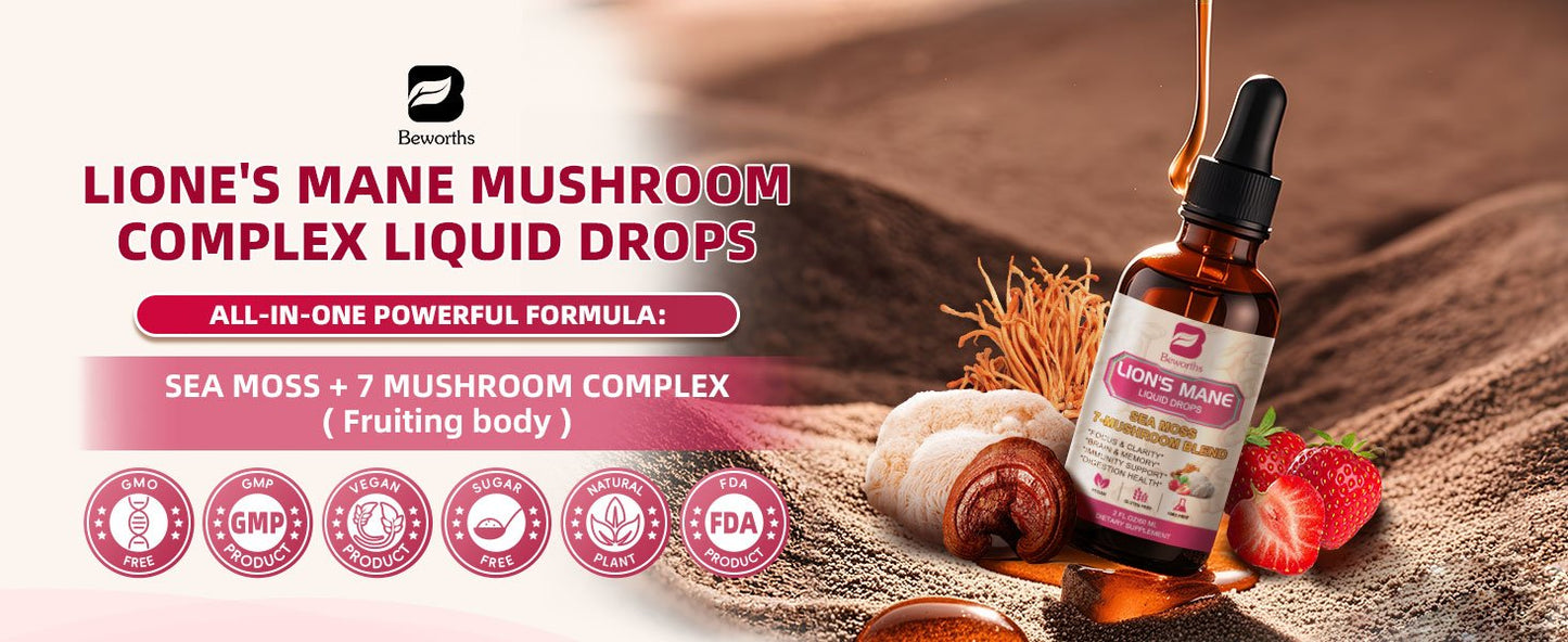 Lion's Mane Mushroom Liquid Drops - Irish Sea Moss Mushrooms Supplement Complex Support Memory & Focus, Immunity Boost - Lions Mane, Turkey Tail, Reishi, Cordyceps, Chaga, Oyster, Maitake