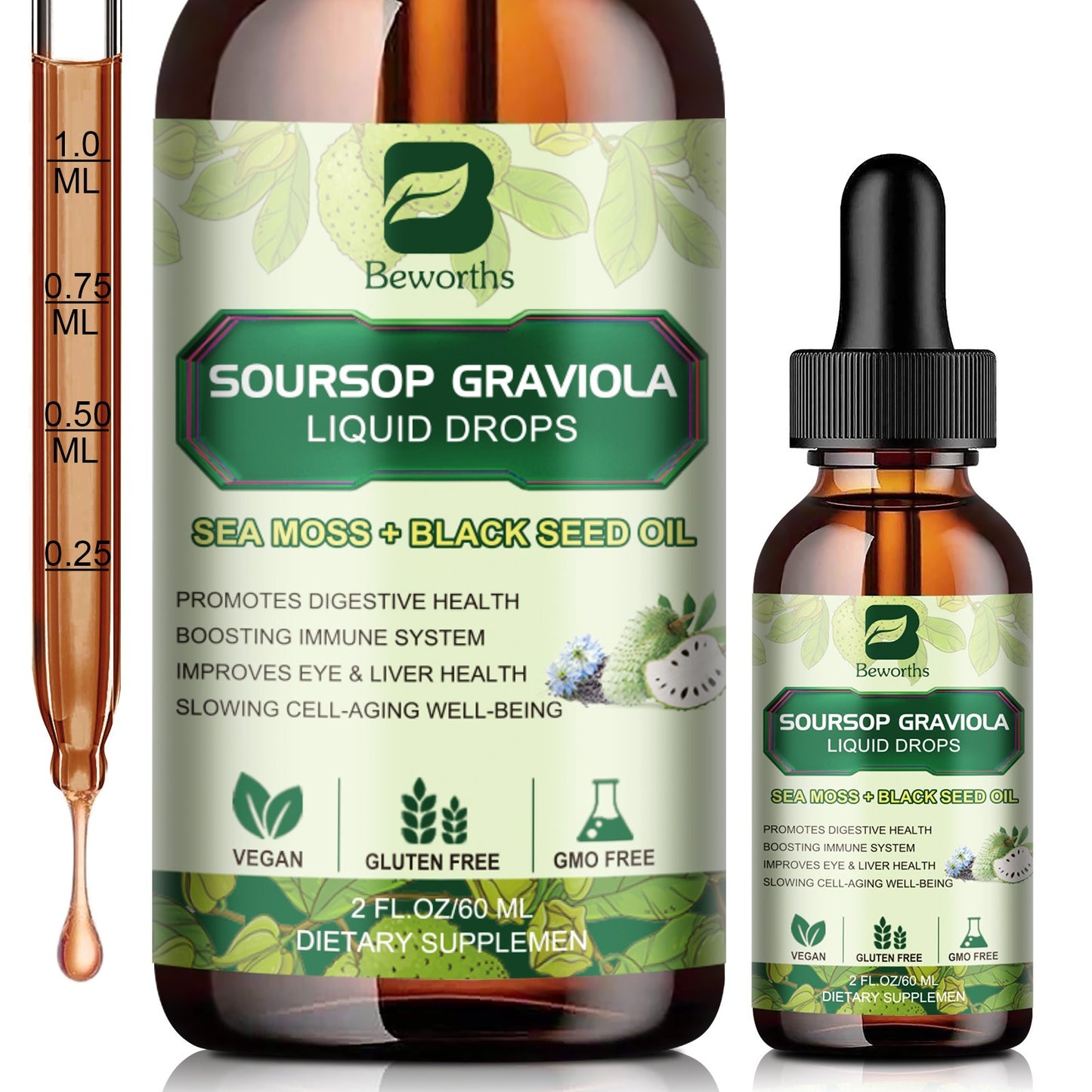 Soursop Graviola Leaf Extract Black Seed oil Liquid Drops Supplement with Sea Moss