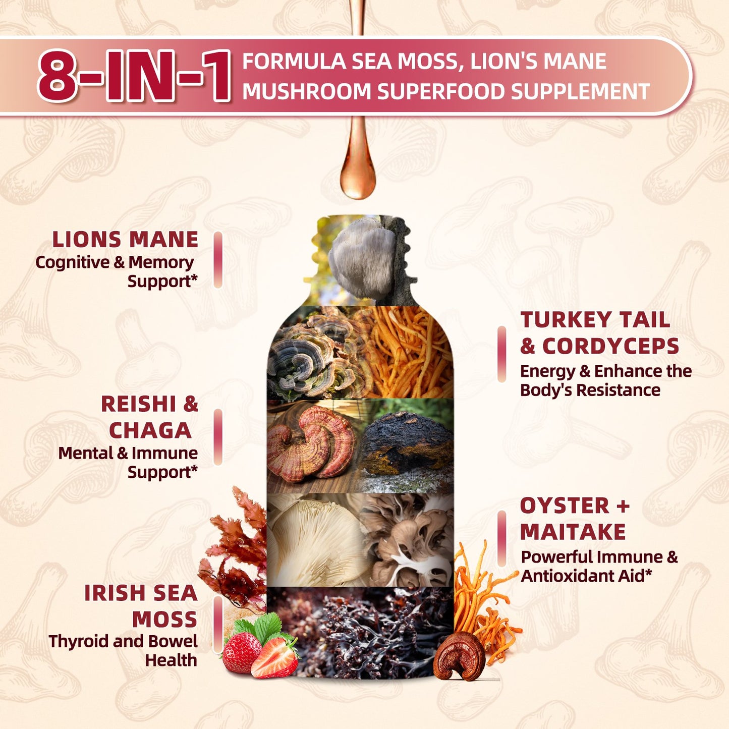 Lion's Mane Mushroom Liquid Drops - Irish Sea Moss Mushrooms Supplement Complex Support Memory & Focus, Immunity Boost - Lions Mane, Turkey Tail, Reishi, Cordyceps, Chaga, Oyster, Maitake