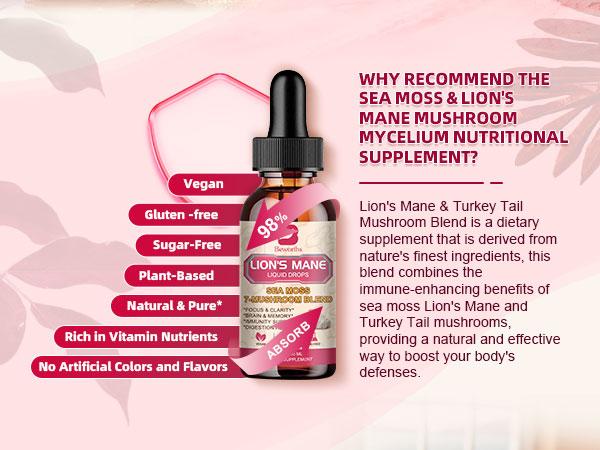 Lion's Mane Mushroom Liquid Drops - Irish Sea Moss Mushrooms Supplement Complex Support Memory & Focus, Immunity Boost - Lions Mane, Turkey Tail, Reishi, Cordyceps, Chaga, Oyster, Maitake