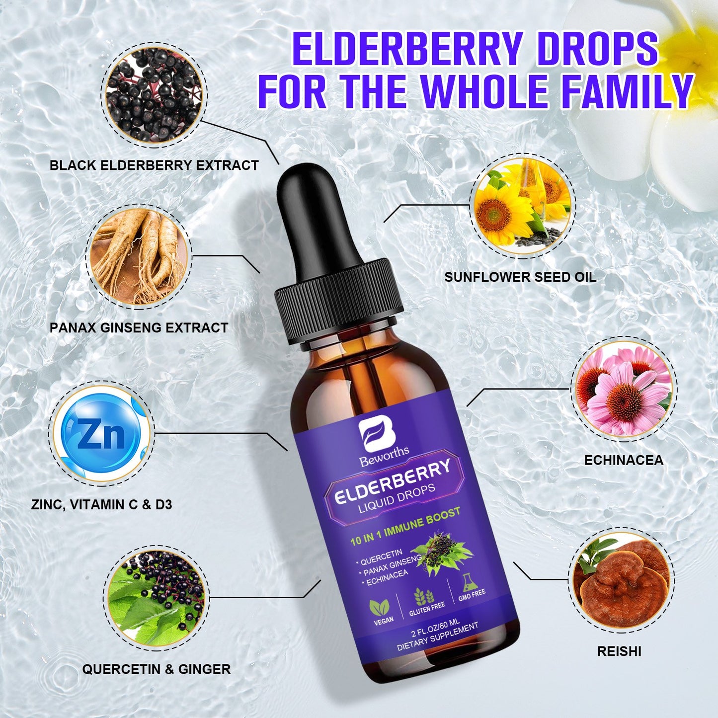 Black Elderberry Liquid Drop Zinc Quercetin Supplements