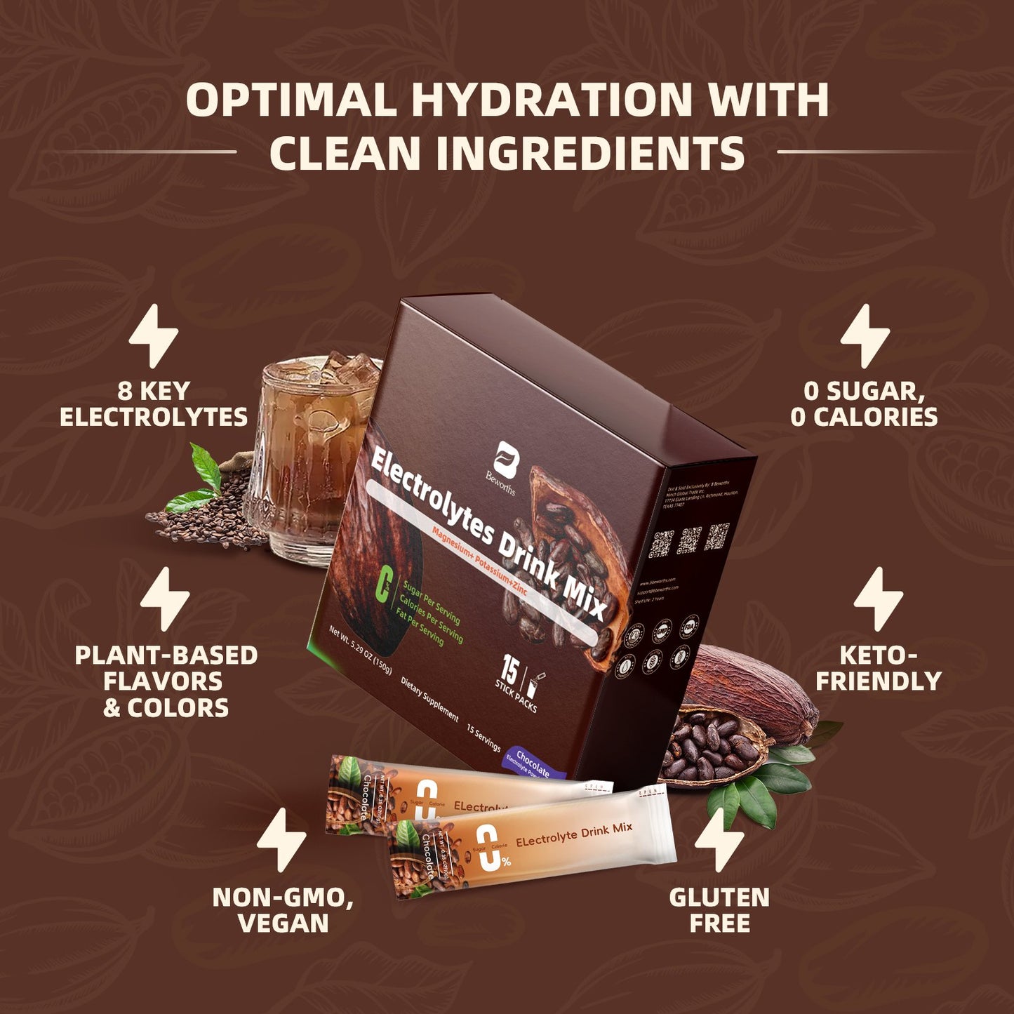 Electrolytes Powder Packets for Electrolyte Drink Mix | Sugar-Free Electrolytes Packets with Vitamins & Magnesium Replenish Hydration & Energy Boost - 15 Sticks