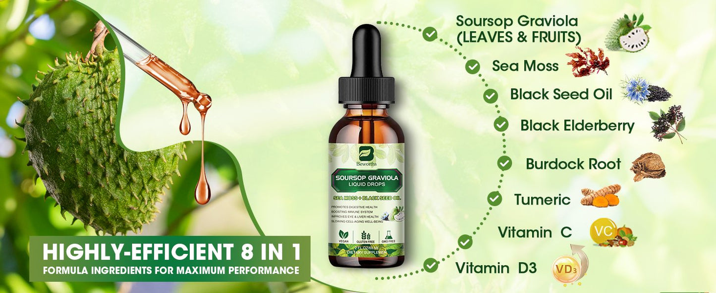 Soursop Graviola Leaf Extract Black Seed oil Liquid Drops Supplement with Sea Moss