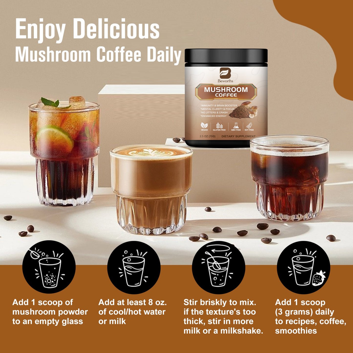 Kopi Jamur BBeworths Alternatif untuk Energi, Kejernihan Mental & Fokus, Penguat Otak 70g
