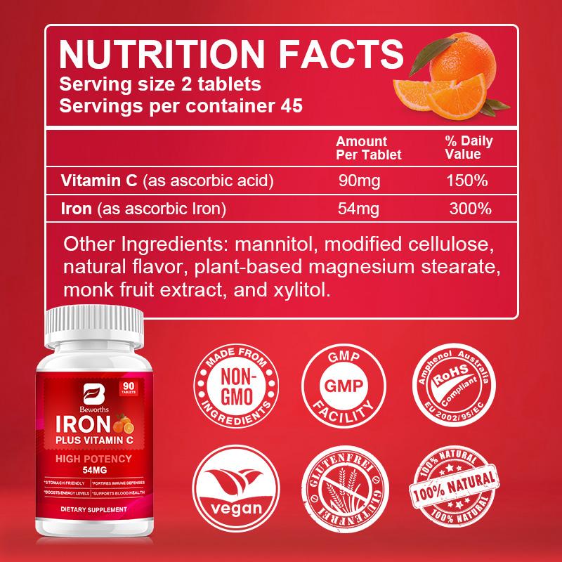 BEWORTHS Iron Tablet Capsules Supplement na may Suporta sa Vitamin C para sa Babae at Lalaki