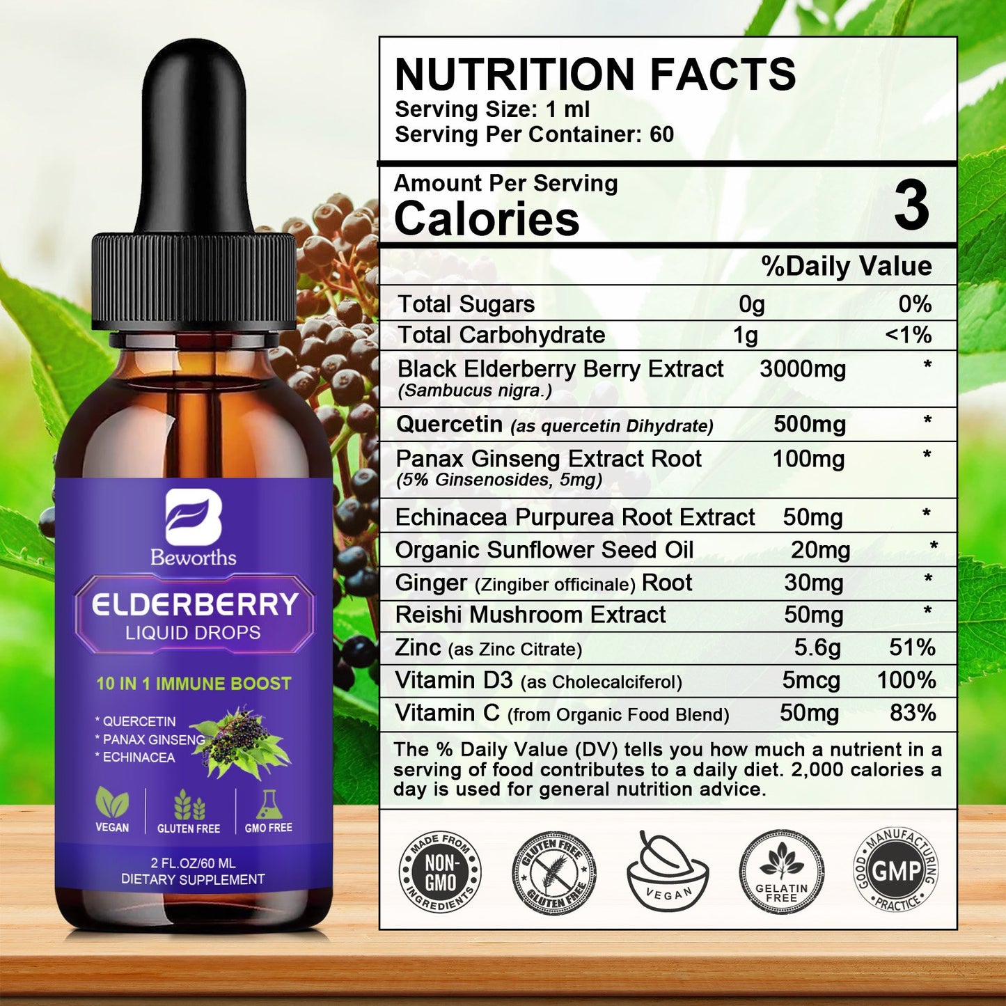 Black Elderberry Liquid Drop Zinc Quercetin Supplements
