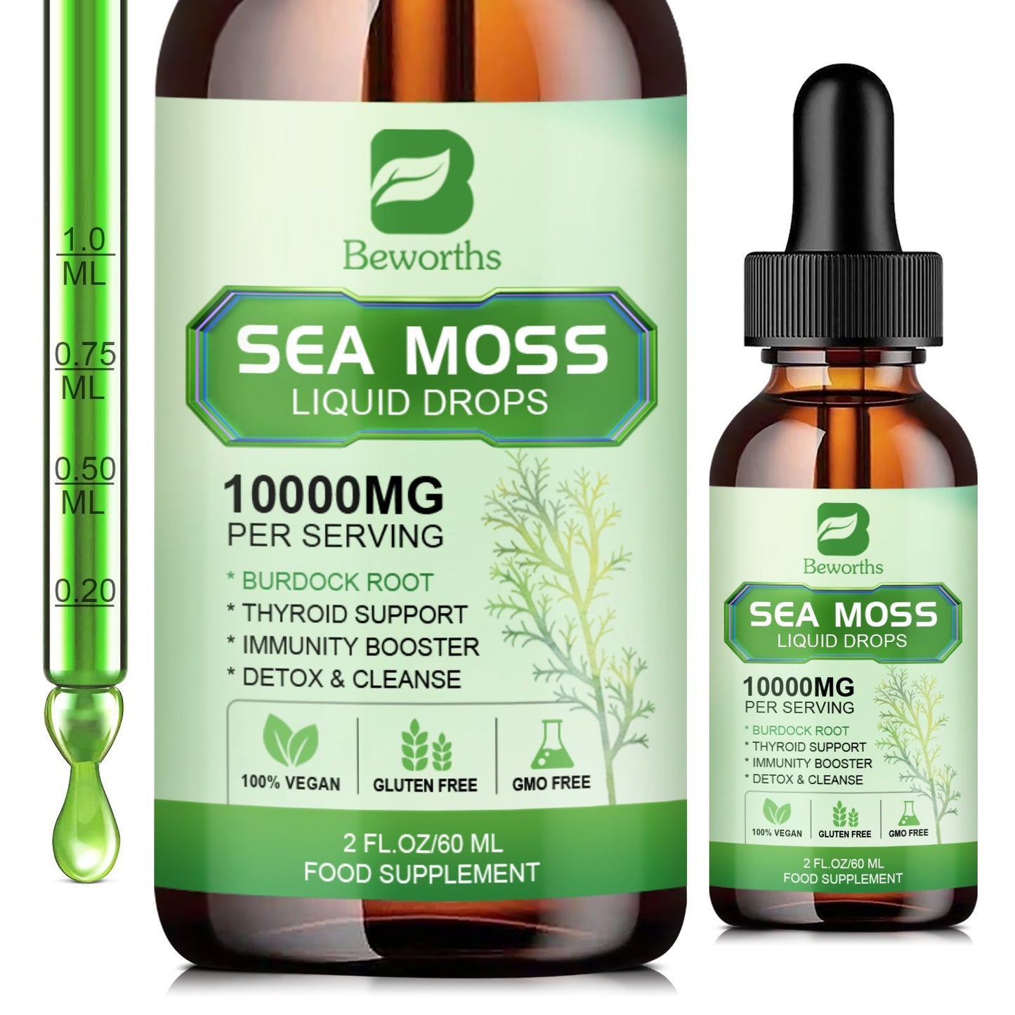 BEWORTHS Organic Irish Sea Moss Liquid Drops na may Burdock Root Supplement