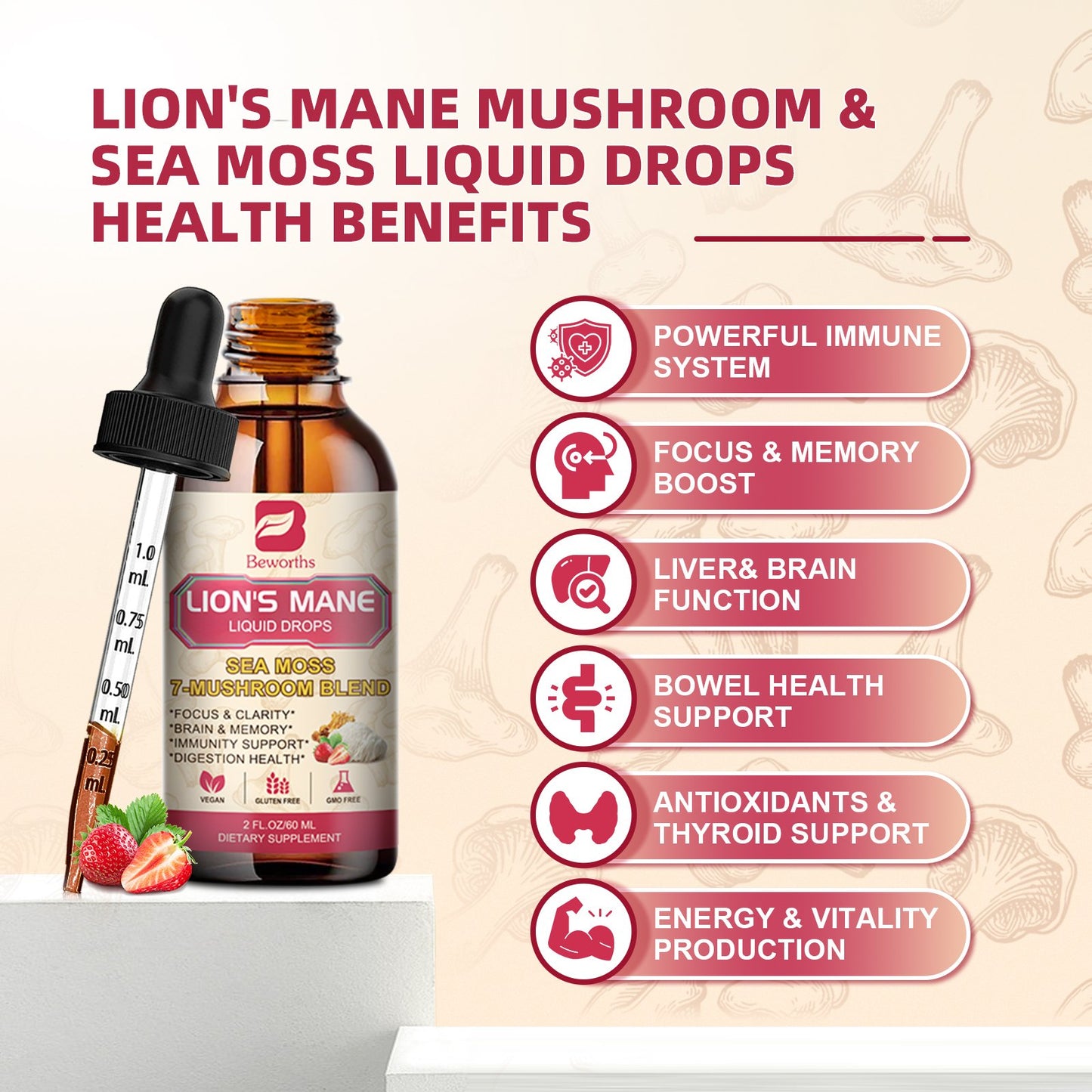 Lion's Mane Mushroom Liquid Drops - Irish Sea Moss Mushrooms Supplement Complex Support Memory & Focus, Immunity Boost - Lions Mane, Turkey Tail, Reishi, Cordyceps, Chaga, Oyster, Maitake