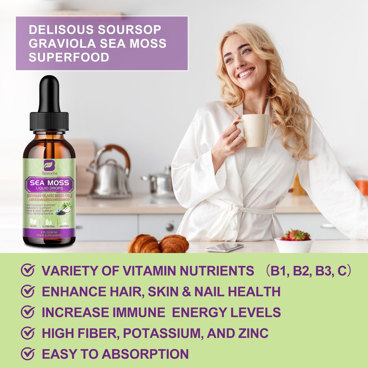 Beworths Black Seed Oil & Irish Sea Moss Gel with Soursop Bitters Liquid Drop Supplement