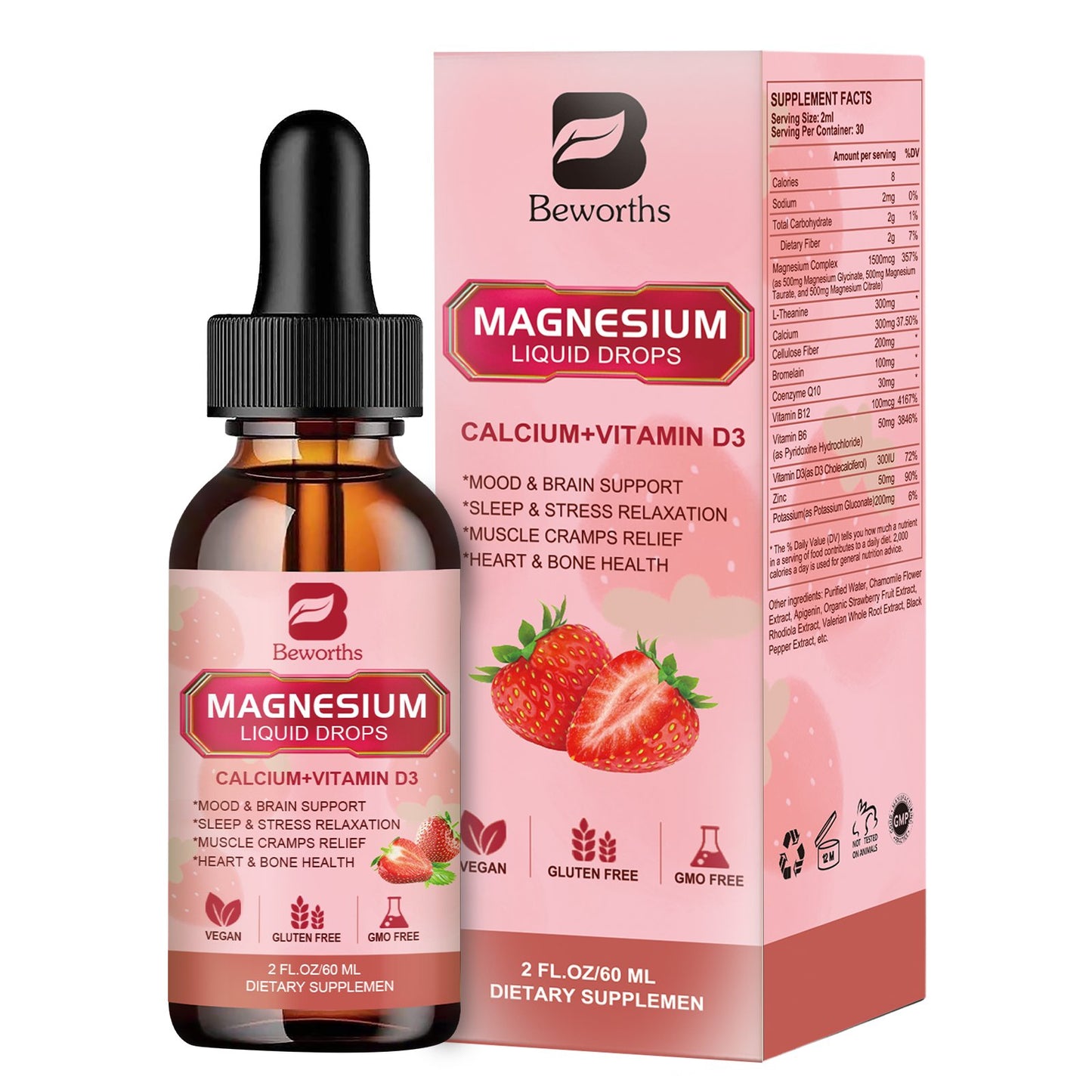 Magnesium Glycinate Supplement Complex Vitamin Liquid Drop Strawberry Flavor