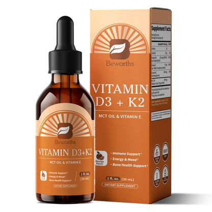 (2 Pack) Vitamin D3 K2 Drops with MCT Oil & Vitamin E - Orange Flavor Liquid Supplement for Immune & Bone Health Support - 2 fl oz (60 mL), 60 Servings
