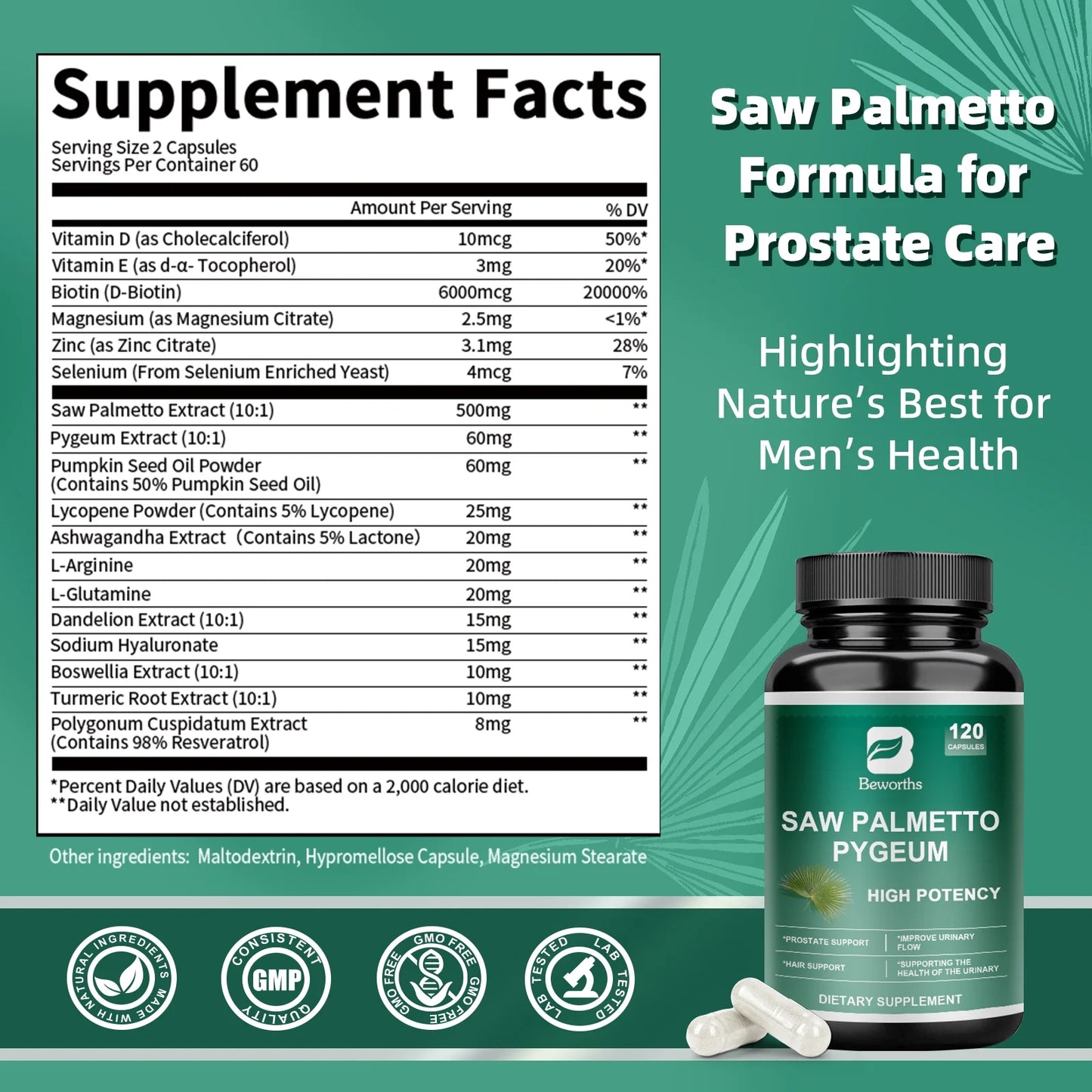 Saw Palmetto 500mg with Biotin & Pumpkin Seed Extract - DHT Blocker Hair Supplement Urinary Health & Prostate Support, 120 Capsules