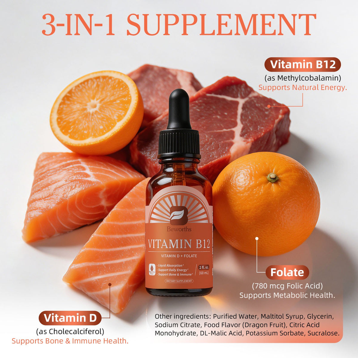 B BEWORTHS Extra Strength Vitamin B12 Sublingual Liquid Drops, with Vitamin D & Folate, for Energy & Immune Support, 2 fl oz