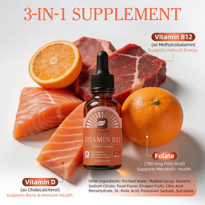 B BEWORTHS Extra Strength Vitamin B12 Sublingual Liquid Drops, with Vitamin D & Folate, for Energy & Immune Support, 2 fl oz