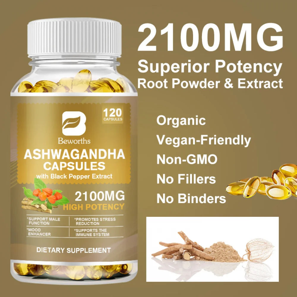 Ashwagandha Capsules 2100mg - Organic Ashwagandha Supplement - Stress Relief, Mood Enhancer & Natural Energy Support Supplement for Men and Women - 360 Softgels(3 PACK)