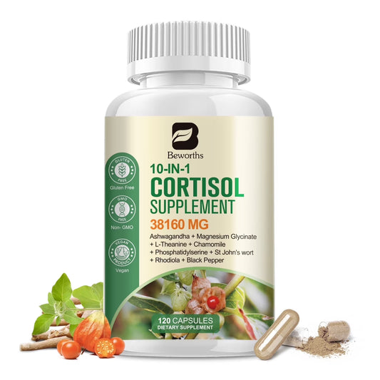 10-In-1 Cortisol Supplements, with Magnesium, Ashwagandha, L-Theanine, Vitamin C & D3, Reduce Lower Cortisol Cortisol Manager, Reduces Stress Support Sleep, 120 Capsules