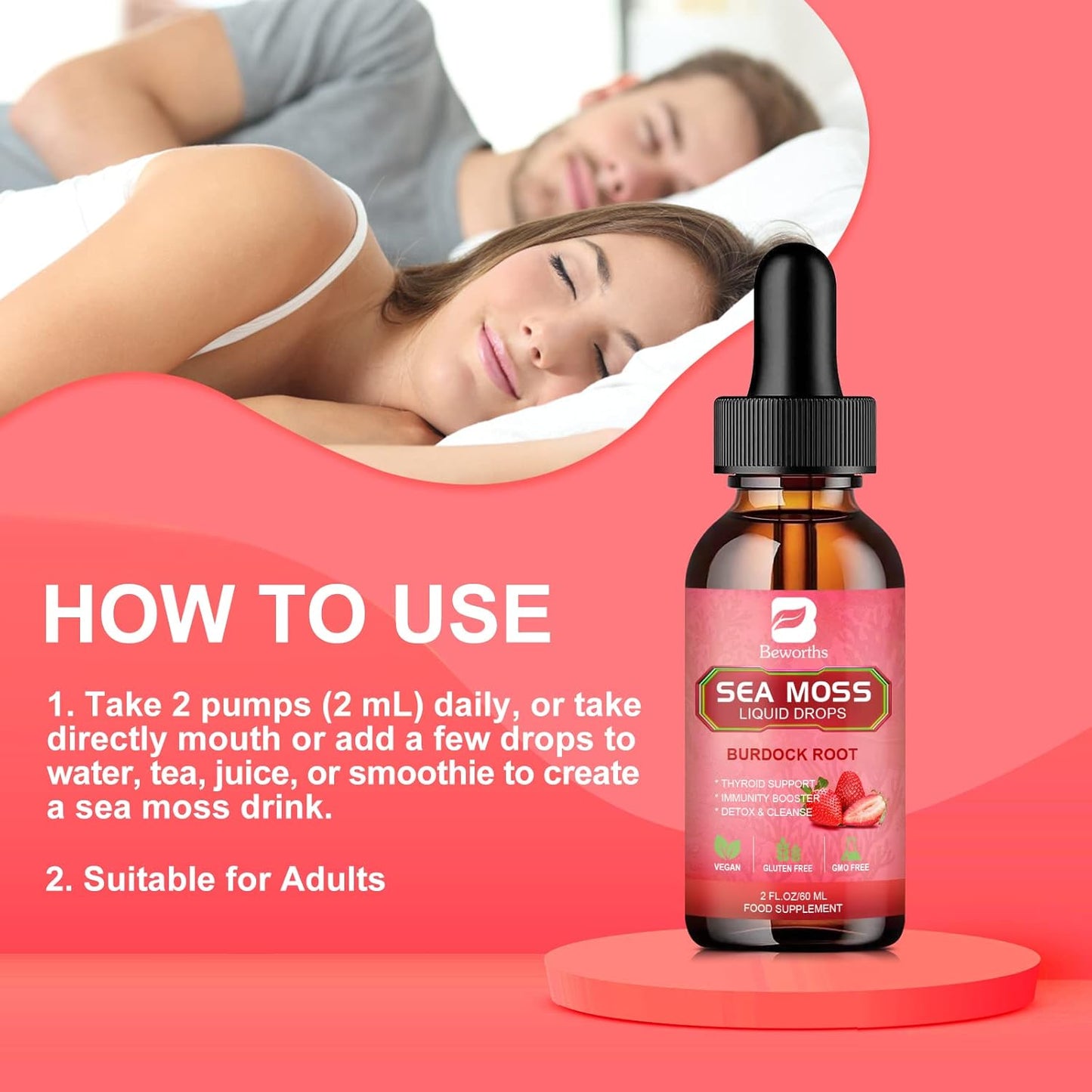 Strawberry Flavored Sea Moss Liquid Drops - Organic Irish Sea Moss Gel with Burdock Root