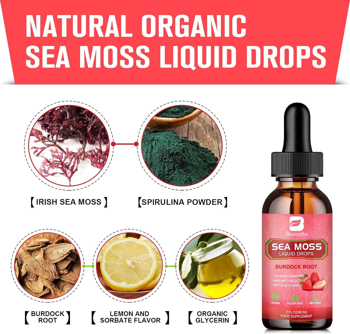Strawberry Flavored Sea Moss Liquid Drops - Organic Irish Sea Moss Gel with Burdock Root