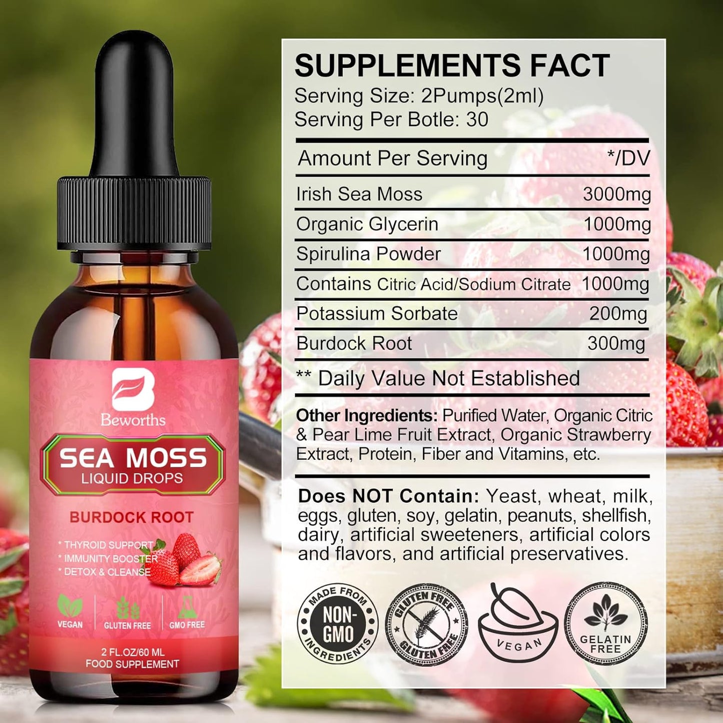 Strawberry Flavored Sea Moss Liquid Drops - Organic Irish Sea Moss Gel with Burdock Root