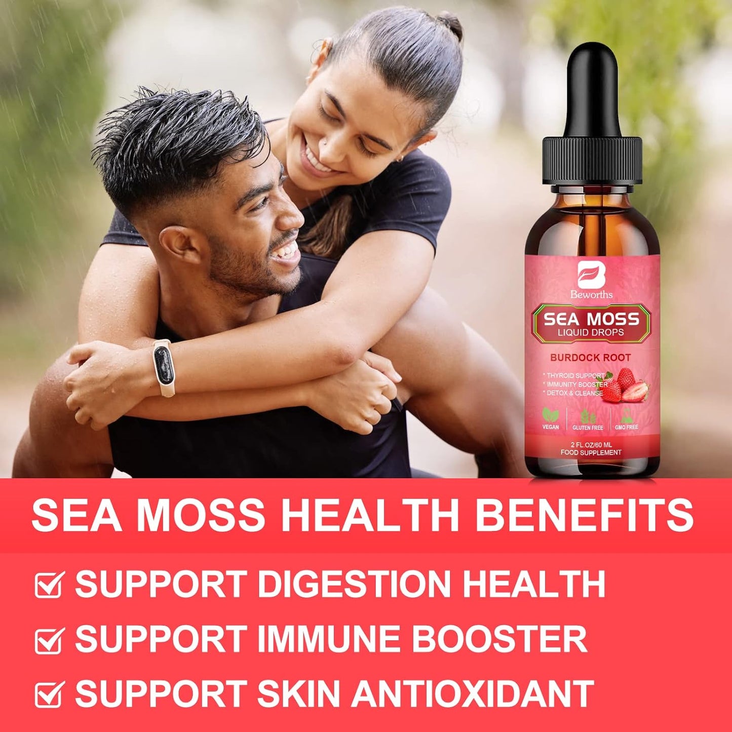 Strawberry Flavored Sea Moss Liquid Drops - Organic Irish Sea Moss Gel with Burdock Root