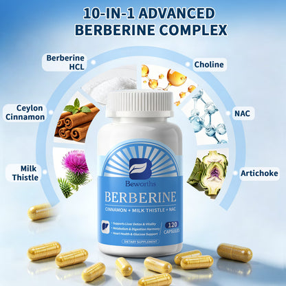 Berberine 450mg with Ceylon Cinnamon, Milk Thistle & NAC - Metabolic & Liver Support Supplement - Digestive Balance - Non-GMO - 120 Capsules (60 Servings)