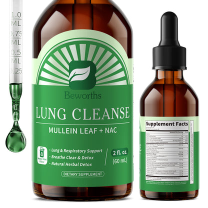Beworths Lung Cleanse Liquid Drops with Mullein Leaf & NAC – 10:1 Mullein Extract, Chlorophyll, Vitamin C & D3 for Respiratory Comfort, Herbal Detox & Immune Support – Natural Honey Mint Flavor, 2 fl. oz (60ml)