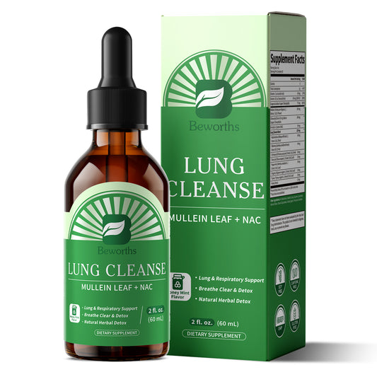 Beworths Lung Cleanse Liquid Drops with Mullein Leaf & NAC – 10:1 Mullein Extract, Chlorophyll, Vitamin C & D3 for Respiratory Comfort, Herbal Detox & Immune Support – Natural Honey Mint Flavor, 2 fl. oz (60ml)