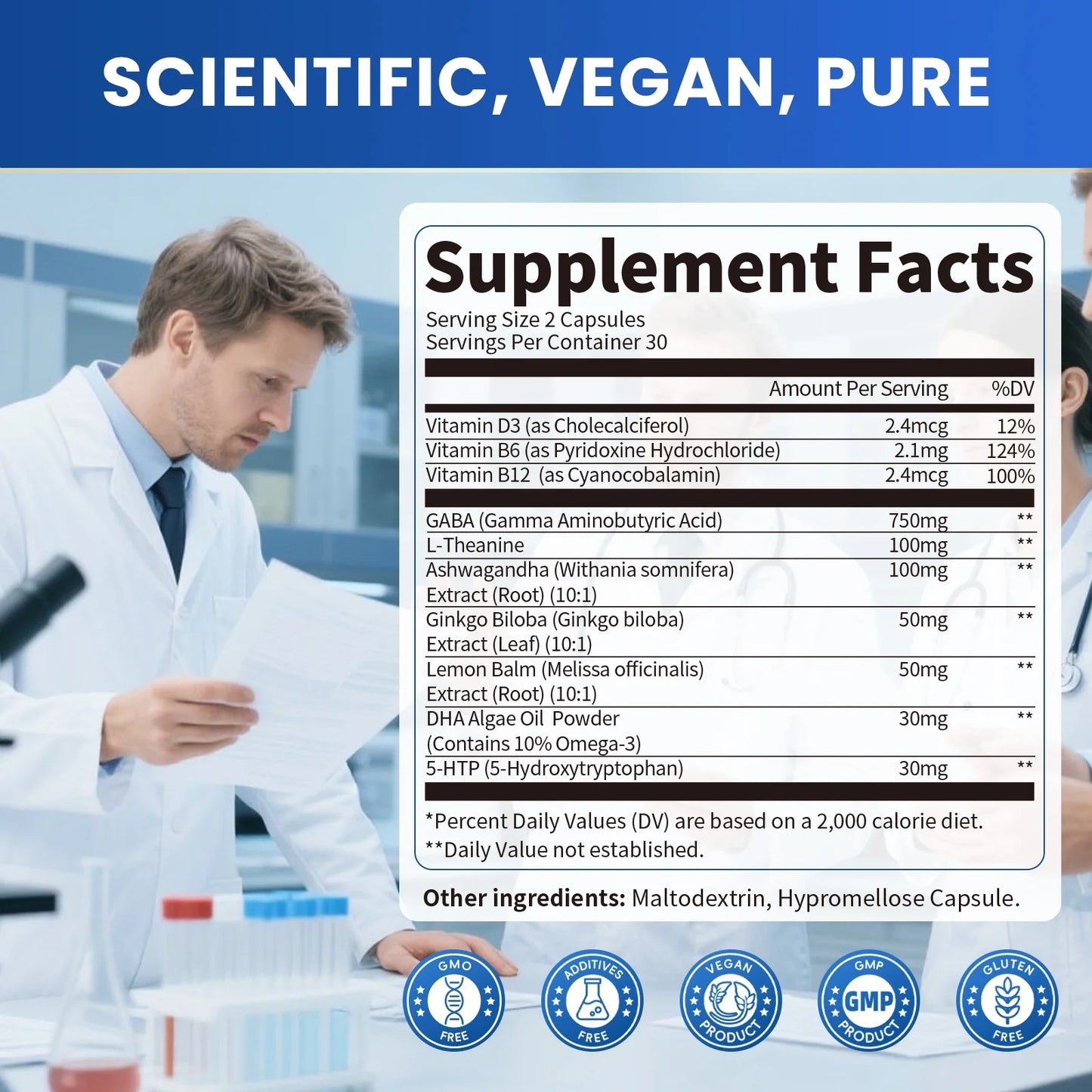 GABA 750mg, 5 HTP, with Ashwagandha, Lemon Balm & Ginkgo Biloba, for Calm, Sleep, Relaxation & Mood Support, 60 Pills