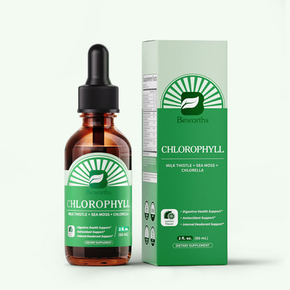 Beworths Liquid Chlorophyll Drops with Milk Thistle, Sea Moss & Chlorella – 3-in-1 Daily Wellness Supplement for Detox, Liver & Digestive Support, Immune Boost & Internal Deodorant – Natural Mint Lemon Flavor, 2 fl. oz (60ml)