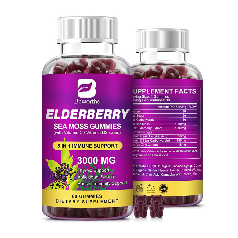 B BEWORTHS Black Elderberry Gummies & Sea Moss Gummy, Sambucus Elderberry Vitamins Supplements with Vitamin C, D3 and Zinc, Thyroid & Immune Support Supplement for Kids & Adults