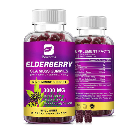 B BEWORTHS Black Elderberry Gummies & Sea Moss Gummy, Sambucus Elderberry Vitamins Supplements with Vitamin C, D3 and Zinc, Thyroid & Immune Support Supplement for Kids & Adults